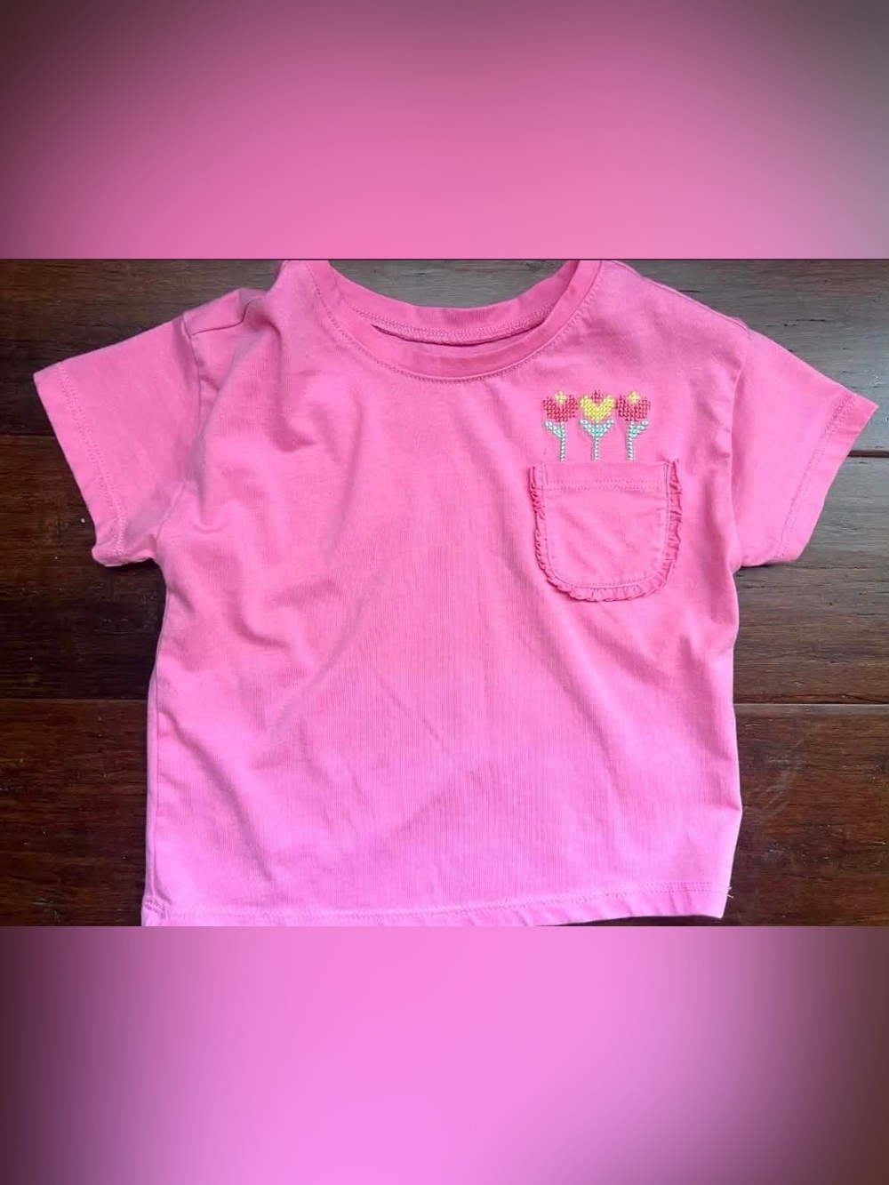 Girls Pink Pocket Tee with Embroidered Flowers